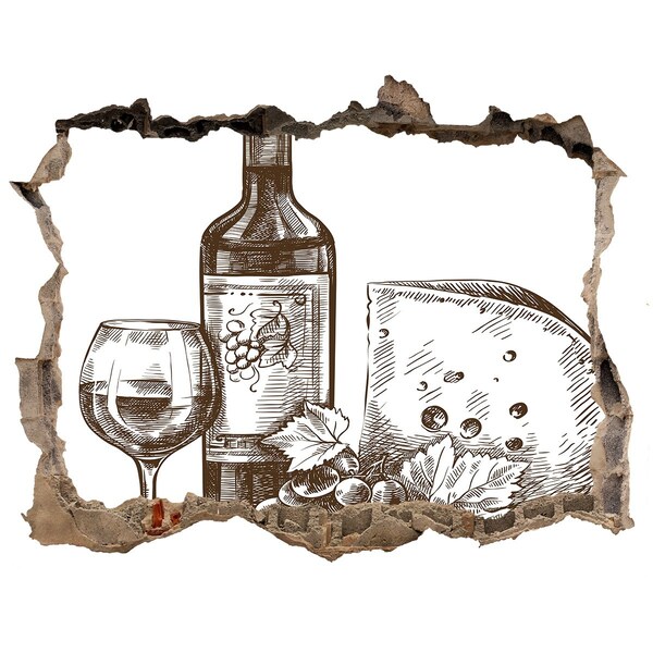 Fototapet 3D gaură în perete Vin și brânză pe fundalul unui perete deteriorat