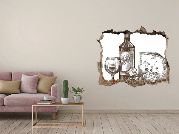 Fototapet 3D gaură în perete Vin și brânză pe fundalul unui perete deteriorat