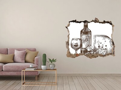 Fototapet 3D gaură în perete Vin și brânză pe fundalul unui perete deteriorat