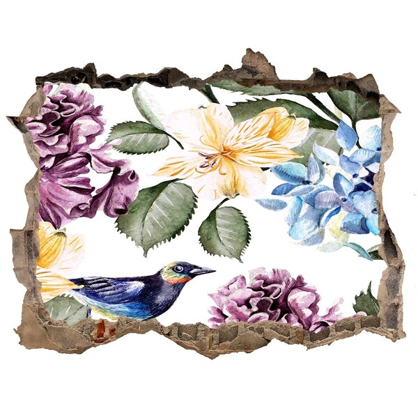 Fototapet 3D gaură în perete Paradisul florilor cu o pasăre