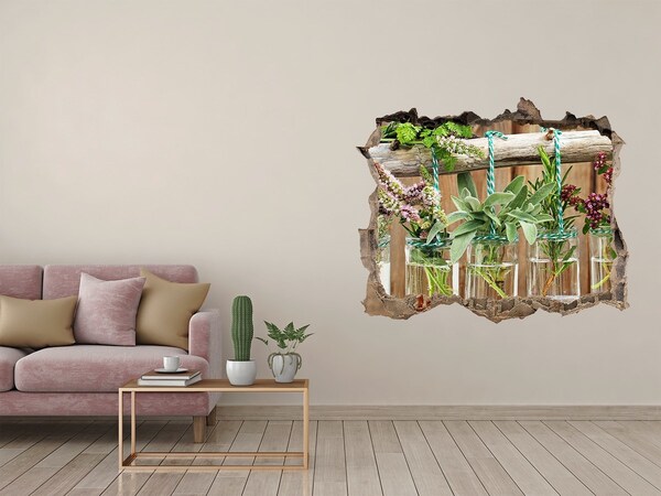 Autocolant 3D gaura cu priveliște Grădină de plante aromatice în borcane