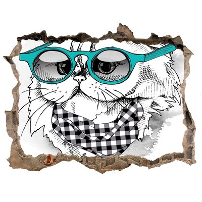 Autocolant de perete gaură 3D Cat cu ochelari