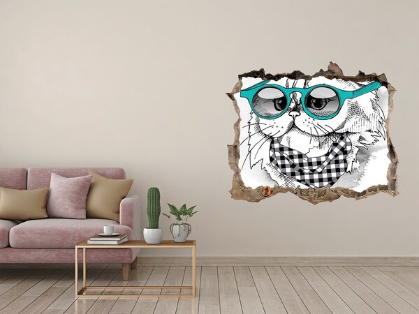 Autocolant de perete gaură 3D Cat cu ochelari