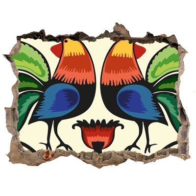 Fototapet 3D gaură în perete Cocoși colorați pe fundalul peretelui