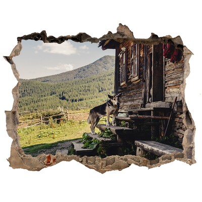 Fototapet un zid spart cu priveliște Casa de lemn de munte