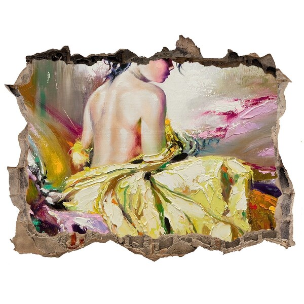 Autocolant de perete gaură 3D Femeie într-o rochie galbenă