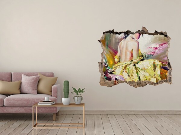 Autocolant de perete gaură 3D Femeie într-o rochie galbenă