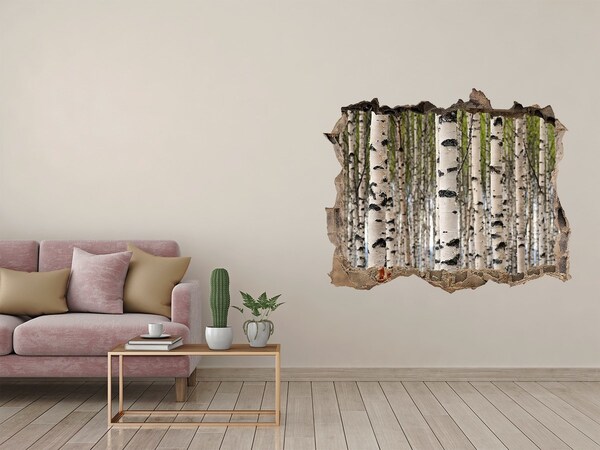 Autocolant de perete gaură 3D Pădurea de mesteceni din spatele zidului