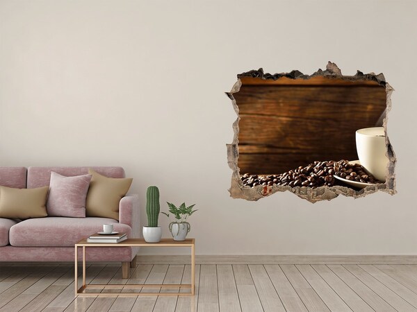 Autocolant gaură 3D Cafea și boabe pe un fundal de lemn