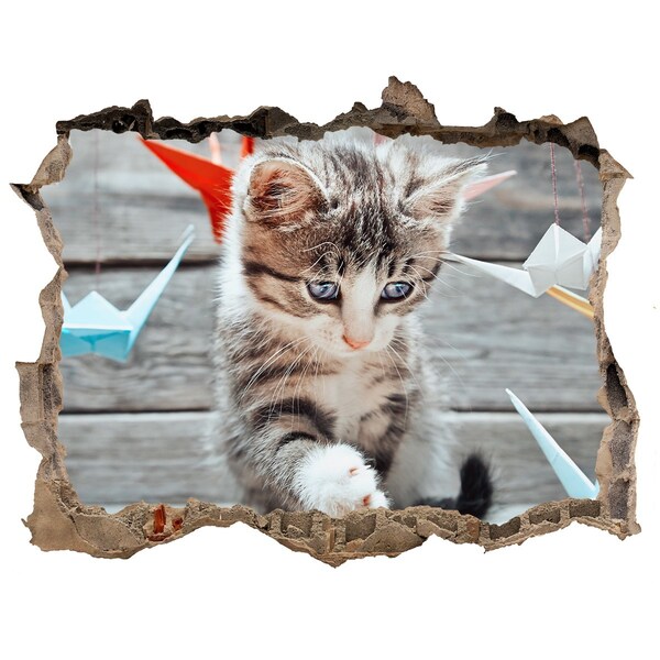 Autocolant 3D gaura cu priveliște Pisicuță într-o gaură în perete