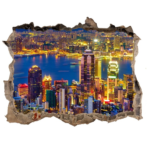 Autocolant de perete gaură 3D Vedere a Hong Kong-ului noaptea