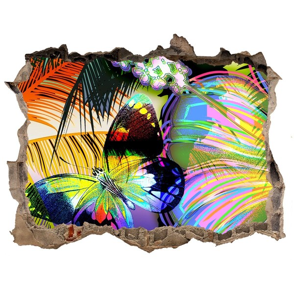 Autocolant 3D gaura cu priveliște Un fluture colorat într-o gaură din perete