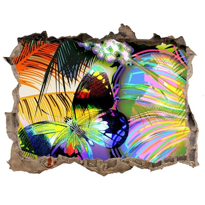 Autocolant 3D gaura cu priveliște Un fluture colorat într-o gaură din perete