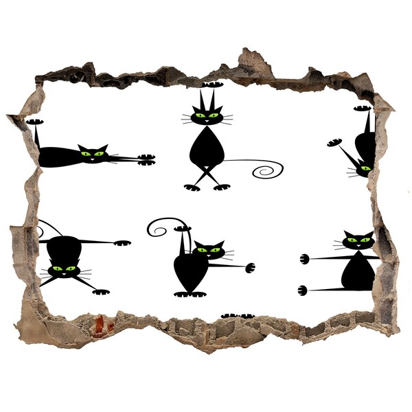 Autocolant de perete gaură 3D Pisici negre pe fundal alb