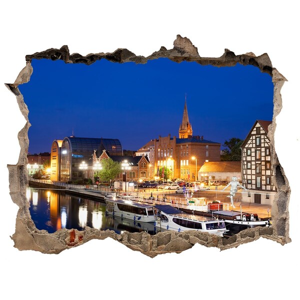 Autocolant gaură 3D Vedere nocturnă a orașului lângă râu