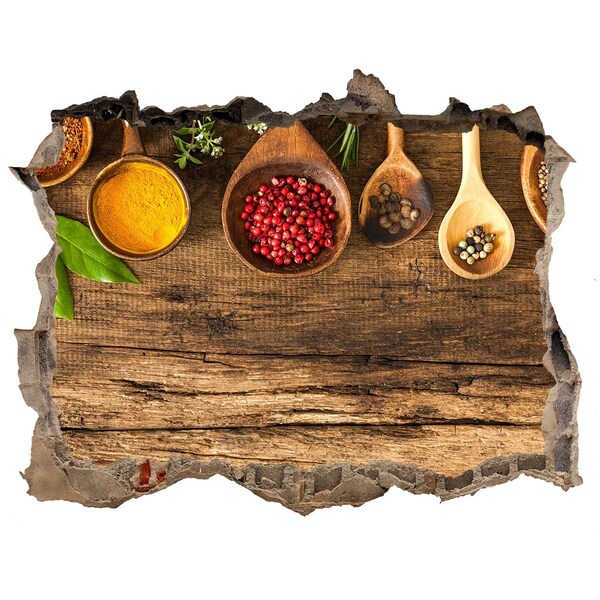 Fototapet un zid spart cu priveliște Condimente de bucătărie pe un blat de lemn