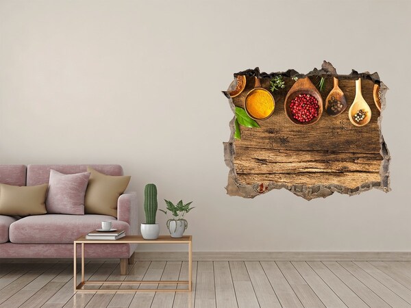 Fototapet un zid spart cu priveliște Condimente de bucătărie pe un blat de lemn