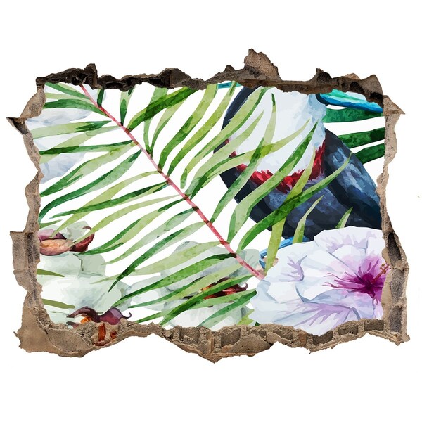 Autocolant un zid spart cu priveliște Oază tropicală cu o pasăre