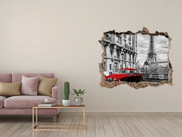 Autocolant 3D gaura cu priveliște Mașină roșie la Paris