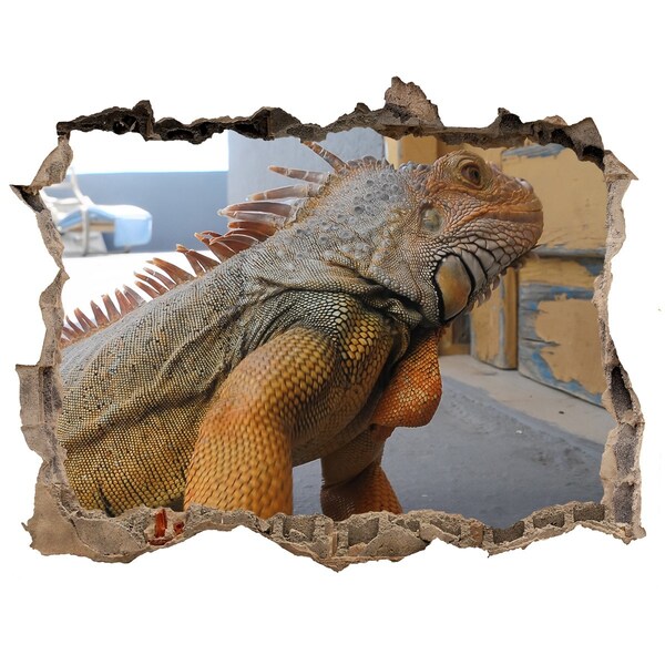Autocolant 3D gaura cu priveliște Iguana într-un perete deteriorat