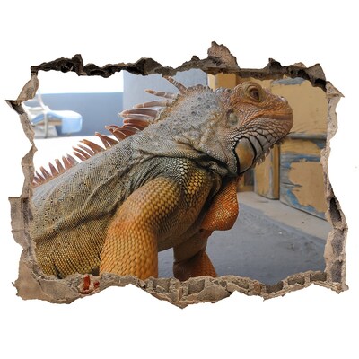 Autocolant 3D gaura cu priveliște Iguana într-un perete deteriorat