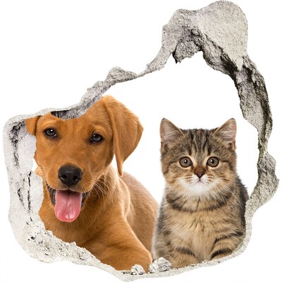 Autocolant de perete gaură 3D Câine și pisică