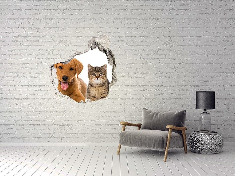 Autocolant de perete gaură 3D Câine și pisică