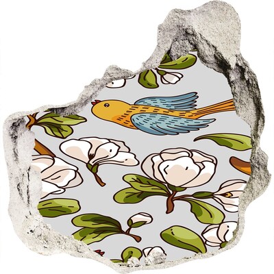 Fototapet un zid spart cu priveliște Paradisul florilor cu o pasăre