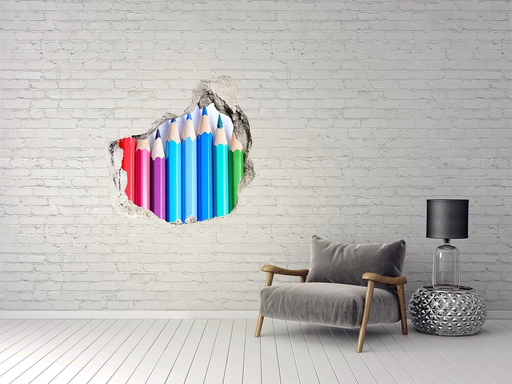 Fototapet 3D gaură în perete creioane colorate