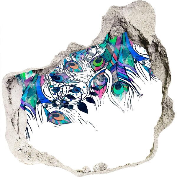 Autocolant de perete gaură 3D Pene colorate într-o gaură din perete