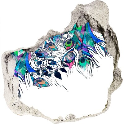 Autocolant de perete gaură 3D Pene colorate într-o gaură din perete