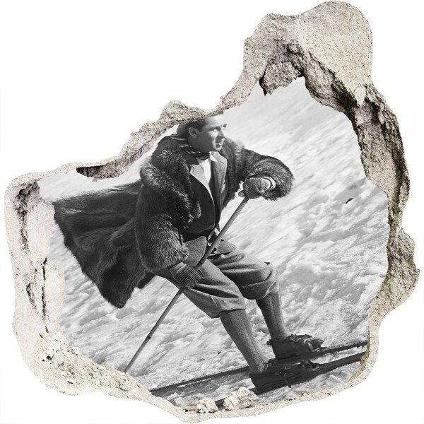 Autocolant un zid spart cu priveliște Schior de iarnă în stil retro