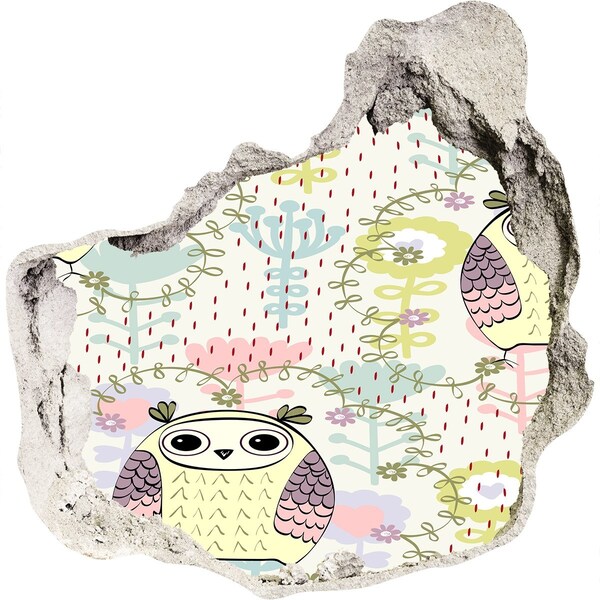 Autocolant gaură 3D Gaură în perete cu o bufniță și flori