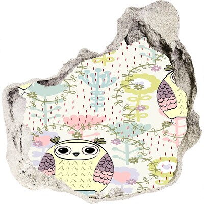 Autocolant gaură 3D Gaură în perete cu o bufniță și flori