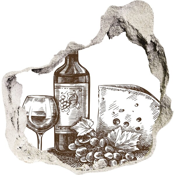 Fototapet un zid spart cu priveliște Vin și brânză pe fundalul unui perete deteriorat