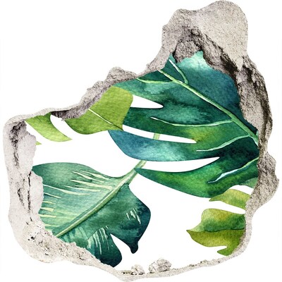 Autocolant de perete gaură 3D Frunze tropicale verzi într-un perete deteriorat