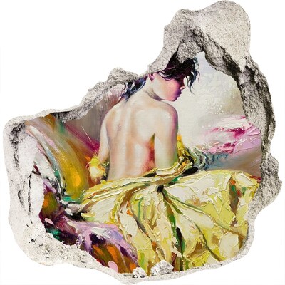 Autocolant gaură 3D Femeie într-o rochie galbenă