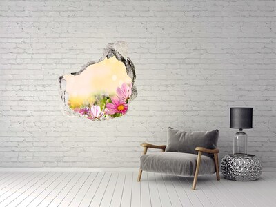 Autocolant de perete gaură 3D Un peisaj floral în spatele unei găuri în perete