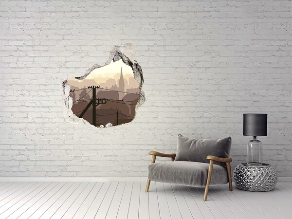 Autocolant de perete gaură 3D Vedere a orașului printr-o gaură în zid