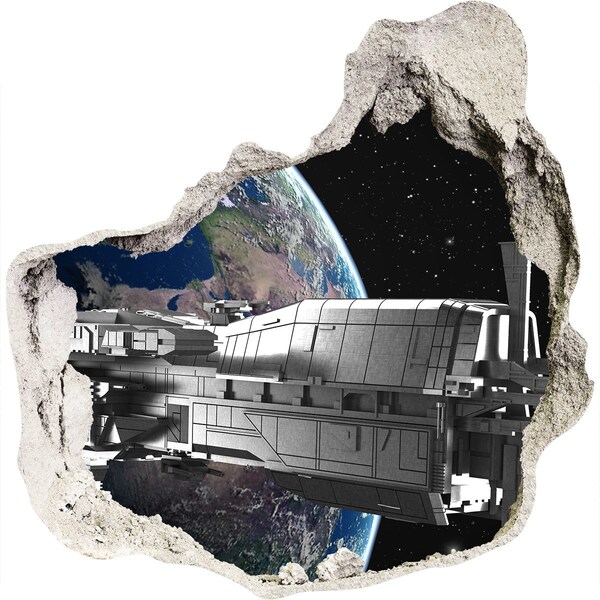 Fototapet un zid spart cu priveliște O navă spațială pe cer