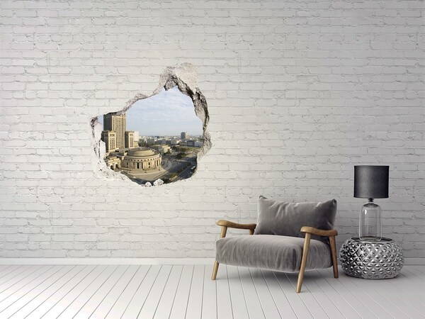 Fototapet un zid spart cu priveliște Vedere a Varșoviei dintr-o gaură în perete