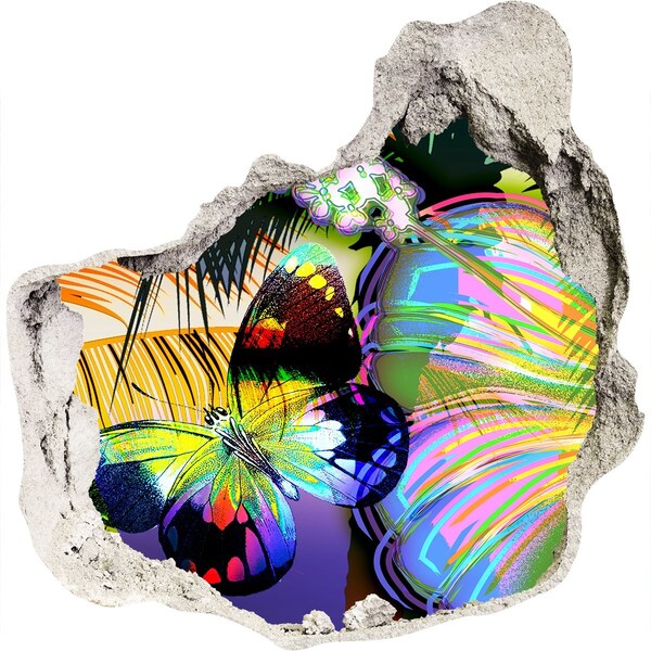 Autocolant 3D gaura cu priveliște Un fluture colorat într-o gaură din perete