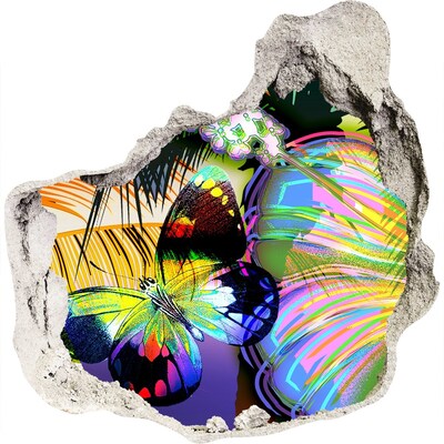 Autocolant 3D gaura cu priveliște Un fluture colorat într-o gaură din perete