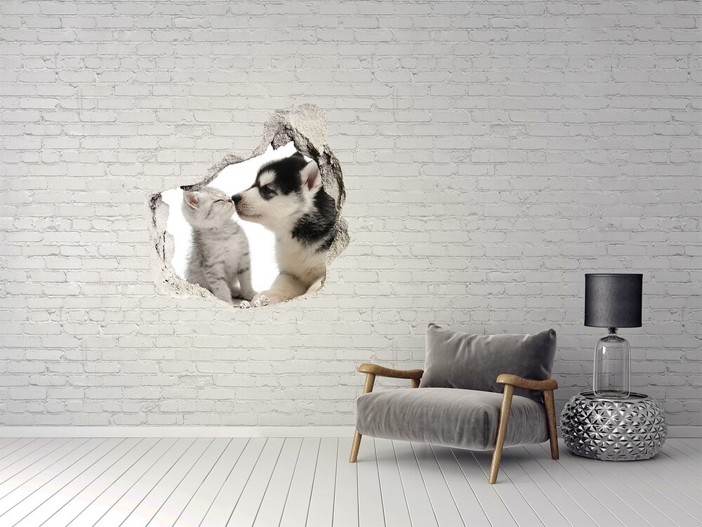 Fototapet 3D gaură în perete Câine și pisică