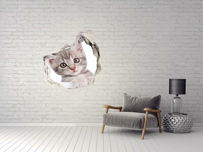 Fototapet 3D gaură în perete pisică gri