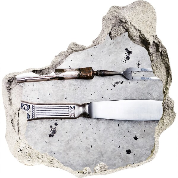 Autocolant 3D gaura cu priveliște Un perete deteriorat cu ustensile de bucătărie