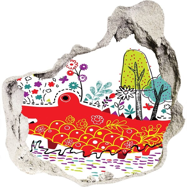 Autocolant de perete gaură 3D Crocodil într-un peisaj colorat