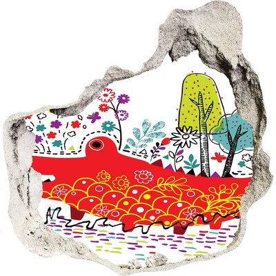 Autocolant de perete gaură 3D Crocodil într-un peisaj colorat