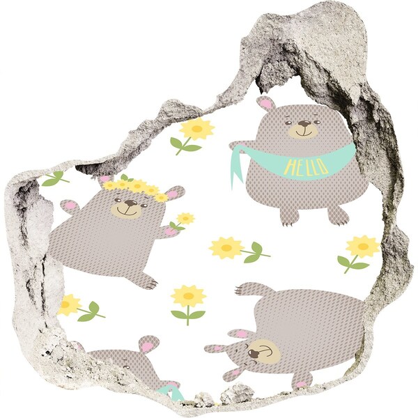 Autocolant de perete gaură 3D Ursuleți de pluș zâmbitori într-un decor floral