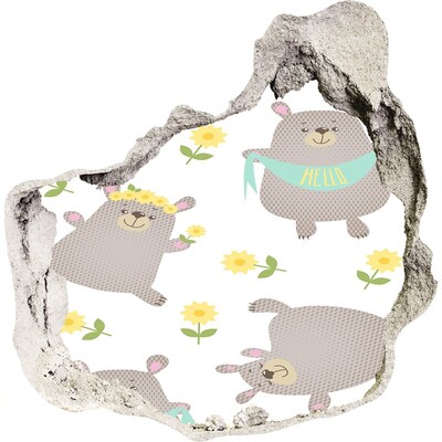 Autocolant de perete gaură 3D Ursuleți de pluș zâmbitori într-un decor floral